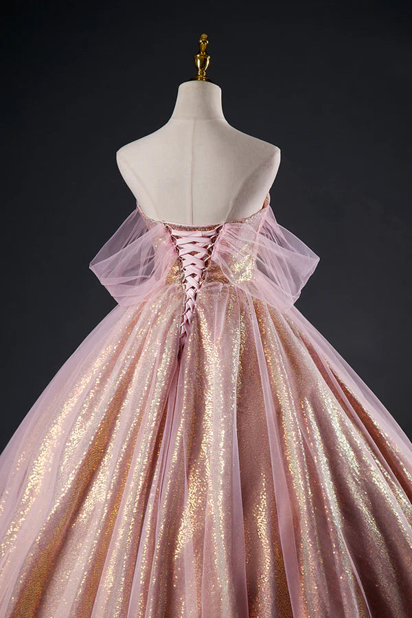 Wholesale Shiny Tulle Sequins Long Prom Dress Beautiful Pink Formal Dress Sweet 16 Dress