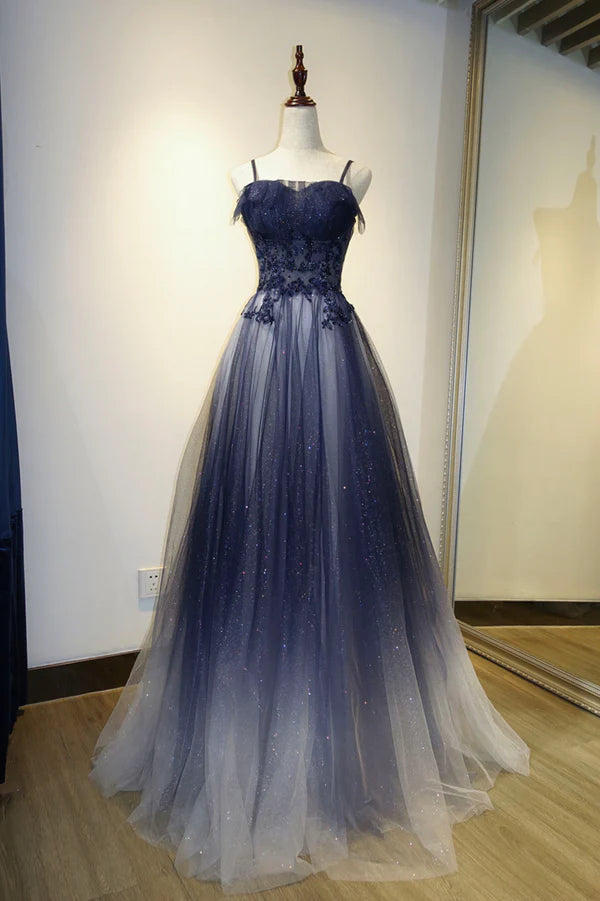Wholesale Spaghetti Strap Gradient Tulle Long Formal Dress Blue Evening Party Dress
