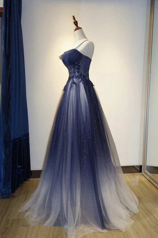 Wholesale Spaghetti Strap Gradient Tulle Long Formal Dress Blue Evening Party Dress
