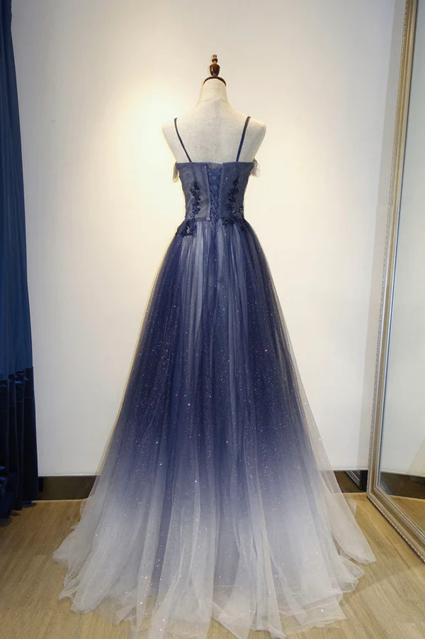 Wholesale Spaghetti Strap Gradient Tulle Long Formal Dress Blue Evening Party Dress