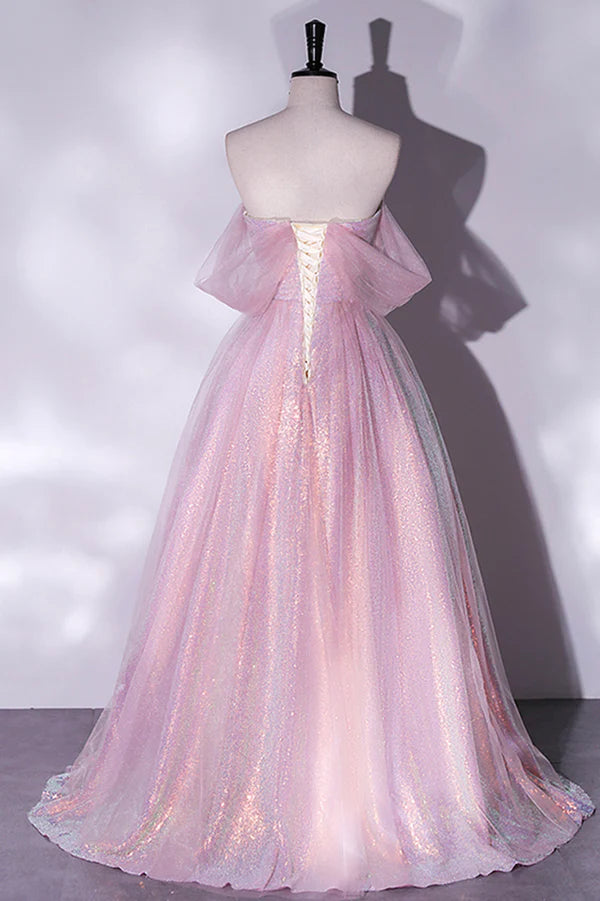 Wholesale Pink Sequins Long A-Line Prom Dress Off the Shoulder Evening Party Dress