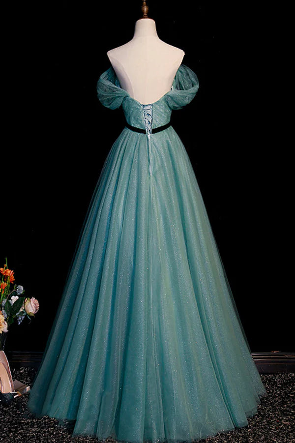Wholesale Green Tulle A-Line Off Shoulder Party Dress Simple Long Prom Dress