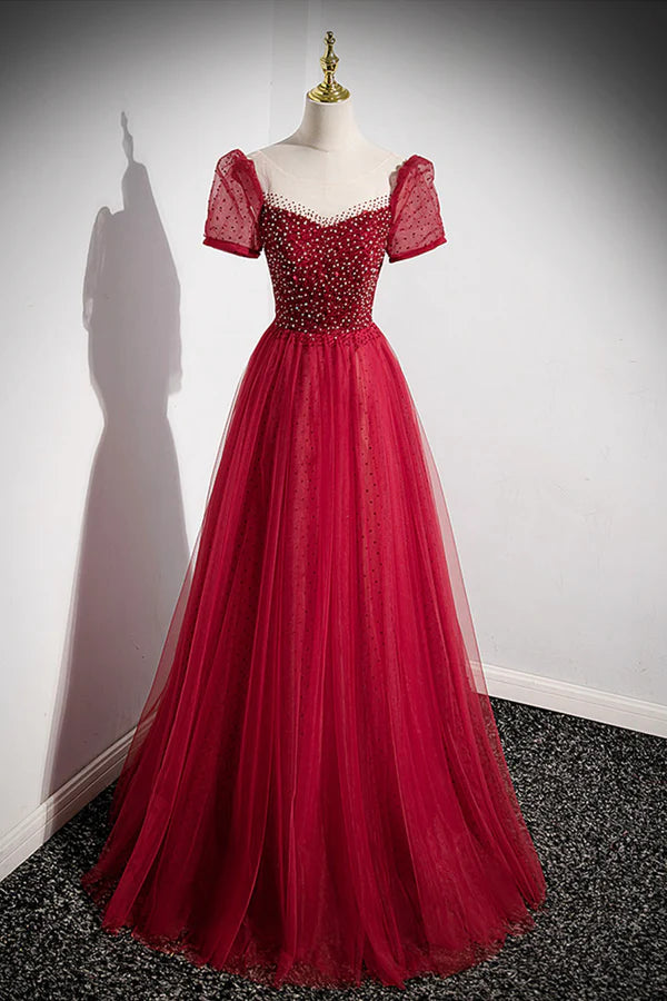 Wholesale Red Scoop Neckline Tulle Formal Dress with Beaded A-Line Short Sleeve Party Dress