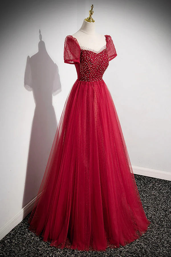 Wholesale Red Scoop Neckline Tulle Formal Dress with Beaded A-Line Short Sleeve Party Dress