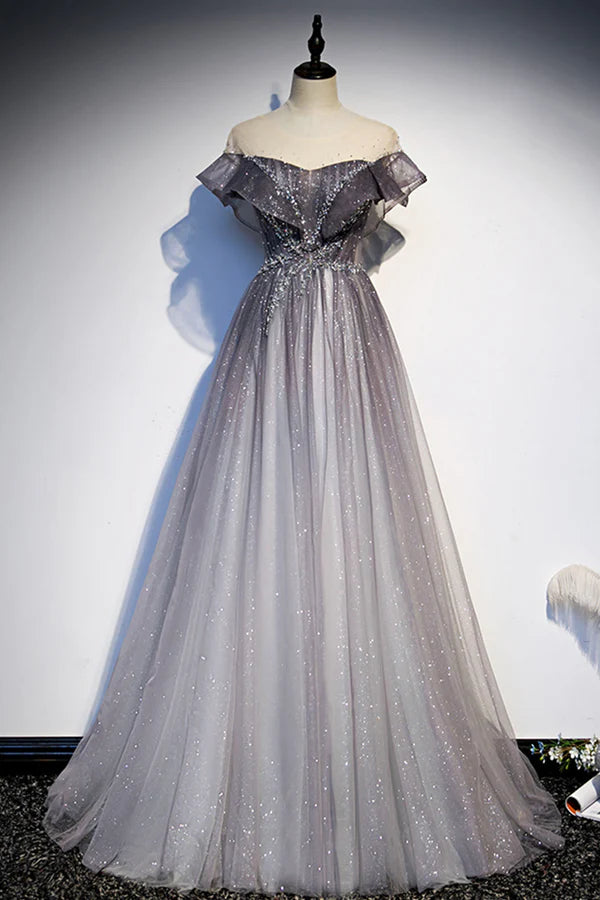 Wholesale Gray Scoop Neckline Tulle Long Formal Dress A-Line Evening Graduation Dress