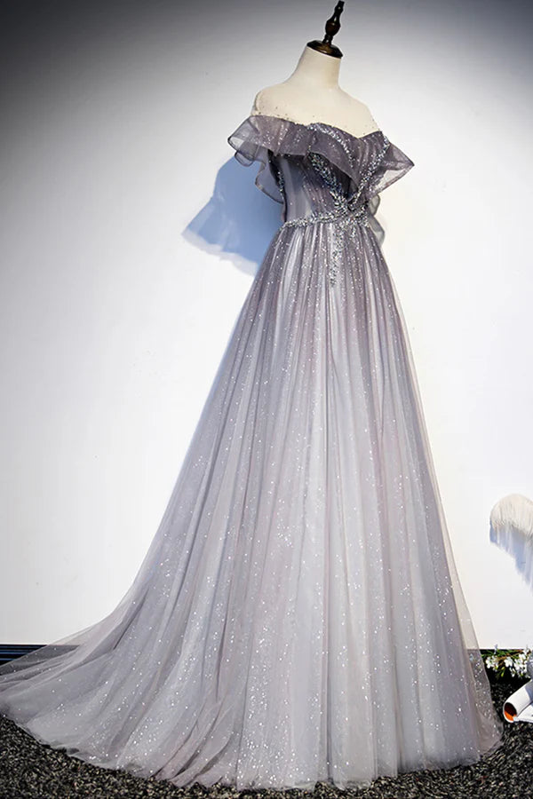 Wholesale Gray Scoop Neckline Tulle Long Formal Dress A-Line Evening Graduation Dress