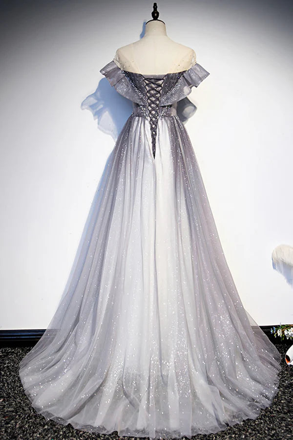 Wholesale Gray Scoop Neckline Tulle Long Formal Dress A-Line Evening Graduation Dress