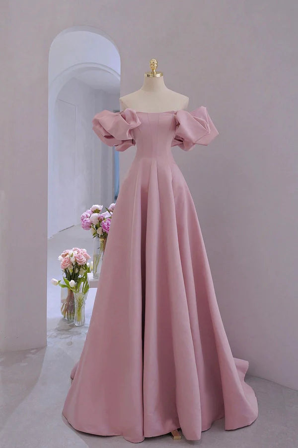 Wholesale Pink Satin Long A-Line Prom Dress Pink Puff Sleeves Formal Evening Dress