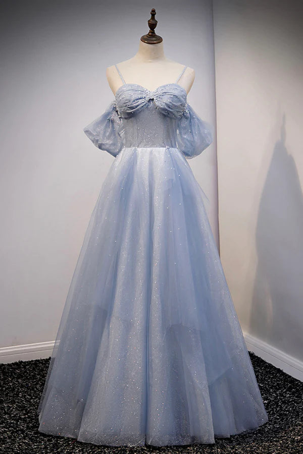 Wholesale Spaghetti Straps Blue Tulle Long Prom Dress Off the Shoulder Evening Dress