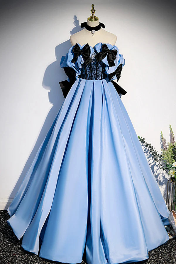 Wholesale Blue Satin Long Prom Dress Off the Shoulder Formal Evening Dress