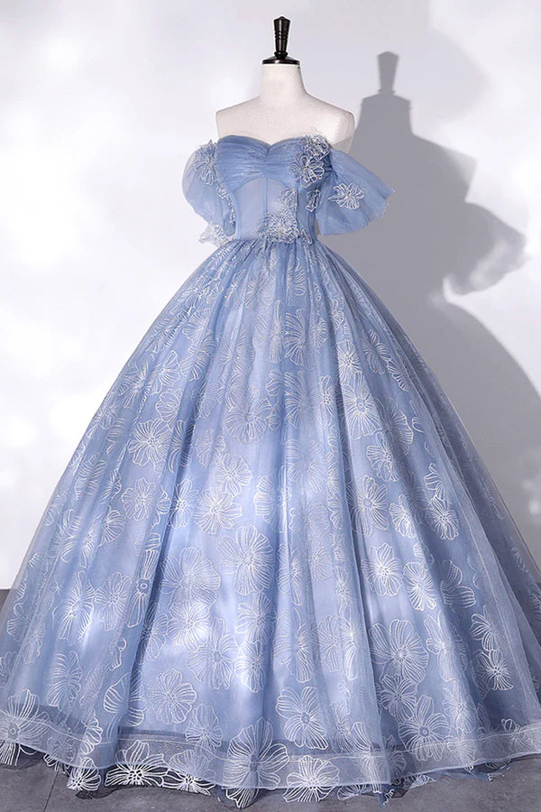Wholesale Blue Tulle Lace Long Ball Gown Off the Shoulder Formal Evening Gown