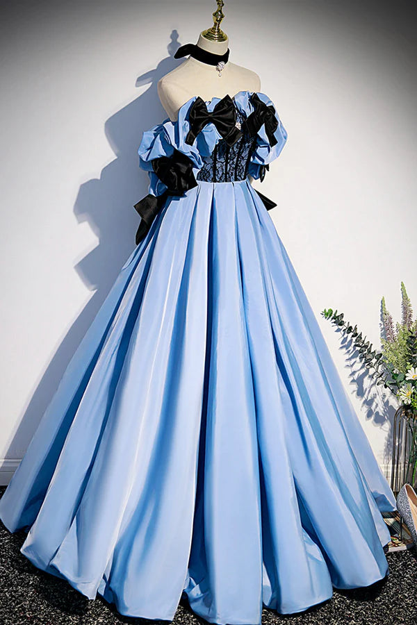 Wholesale Blue Satin Long Prom Dress Off the Shoulder Formal Evening Dress