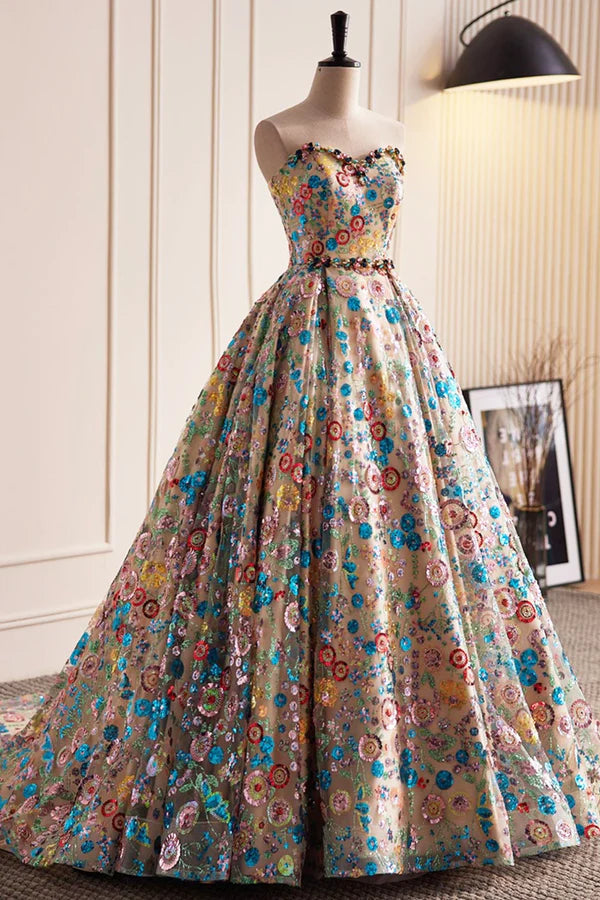 Wholesale Lovely Sweetheart Floral Sequin Long Prom Dress A-Line Strapless Evening Dress