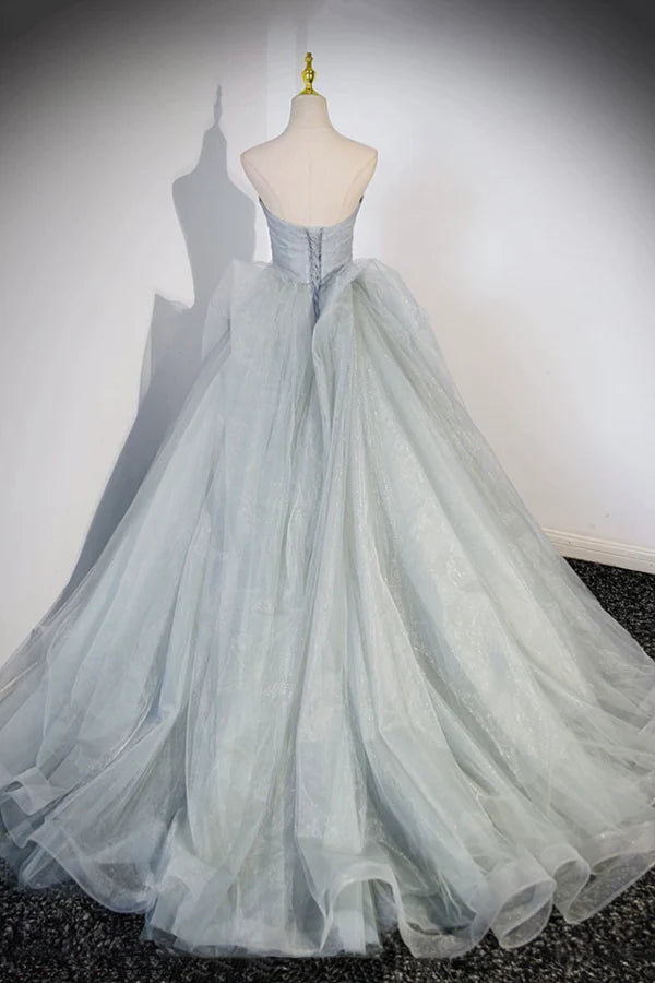 Wholesale Gray Strapless Long Formal Dress Gray Tulle Evening Dress Party Dress