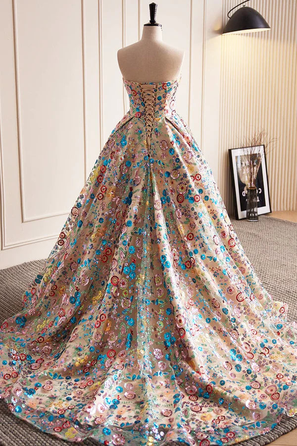 Wholesale Lovely Sweetheart Floral Sequin Long Prom Dress A-Line Strapless Evening Dress