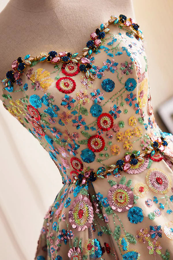 Wholesale Lovely Sweetheart Floral Sequin Long Prom Dress A-Line Strapless Evening Dress