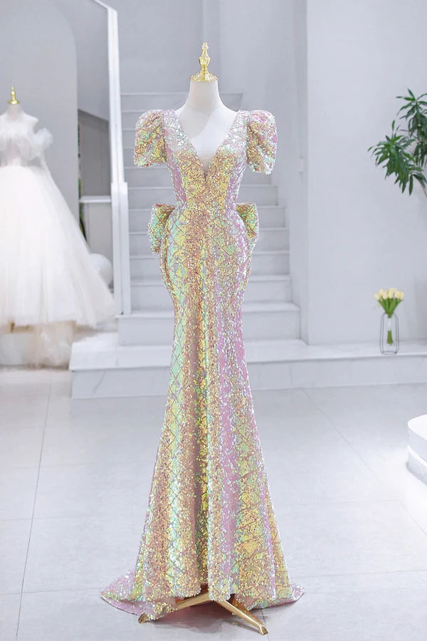 Wholesale Mermaid Sequins Long Prom Dress V-Neck Short Sleeve Evening Dress