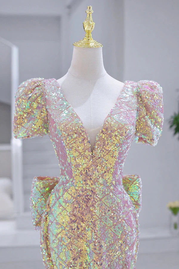 Wholesale Mermaid Sequins Long Prom Dress V-Neck Short Sleeve Evening Dress