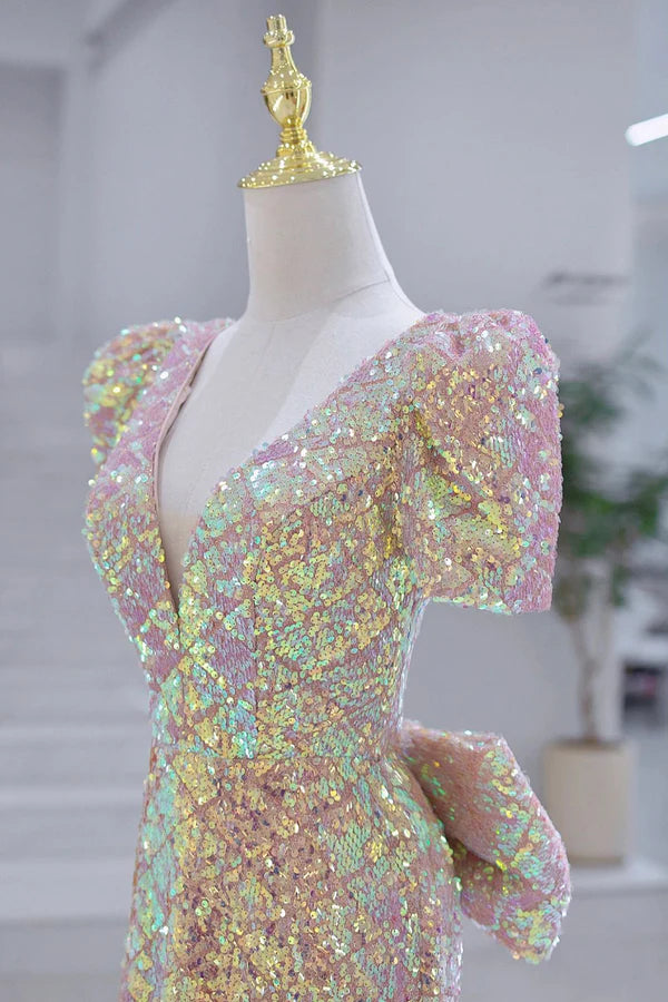 Wholesale Mermaid Sequins Long Prom Dress V-Neck Short Sleeve Evening Dress