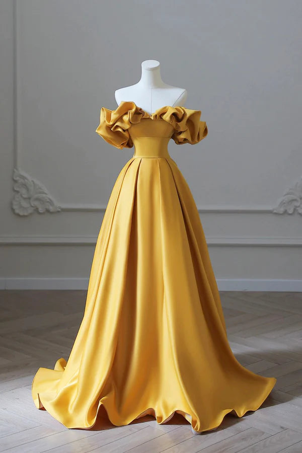 Wholesale Yellow Satin Long Prom Dress Simple Off Shoulder Evening Party Dress
