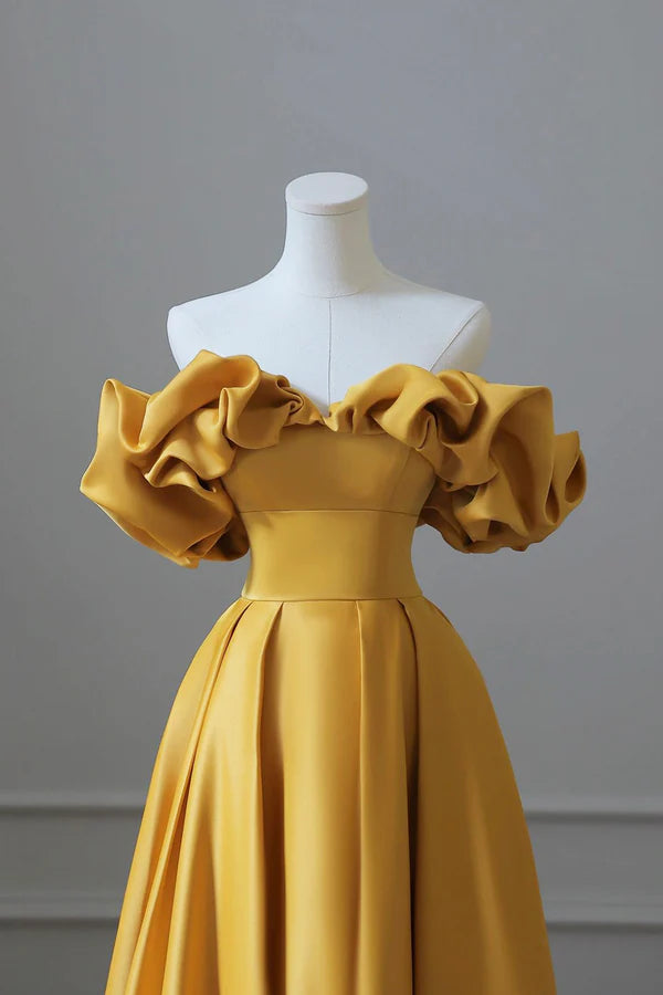 Wholesale Yellow Satin Long Prom Dress Simple Off Shoulder Evening Party Dress