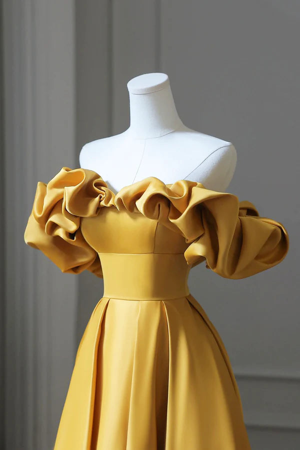Wholesale Yellow Satin Long Prom Dress Simple Off Shoulder Evening Party Dress