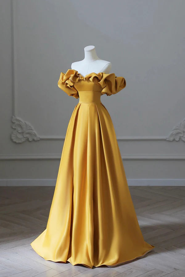 Wholesale Yellow Satin Long Prom Dress Simple Off Shoulder Evening Party Dress