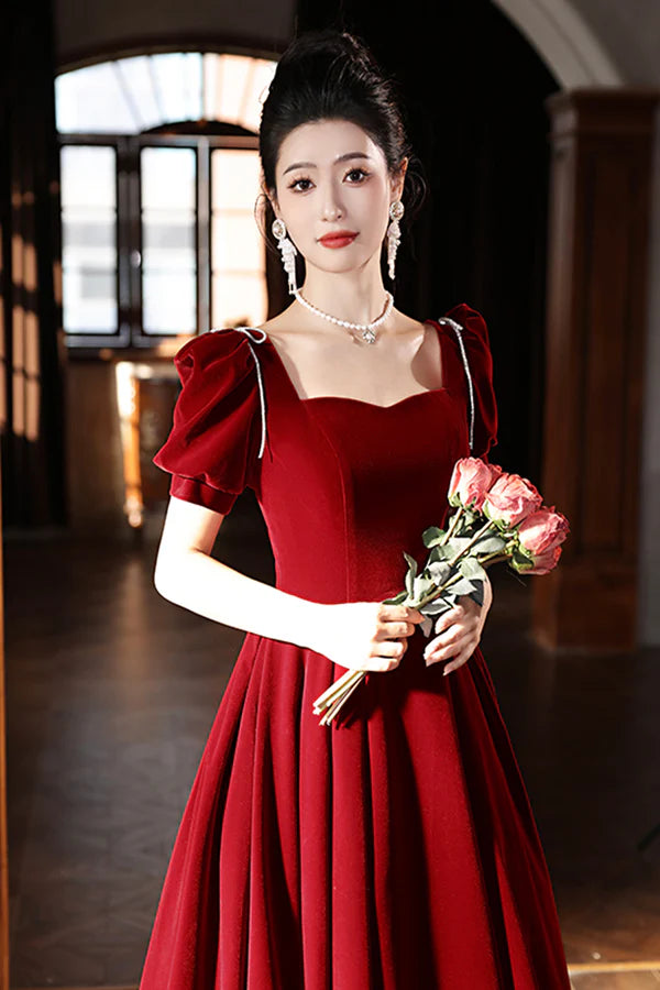 Wholesale Burgundy Velvet Long A-Line Prom Dress A-Line Short Sleeve Evening Party Dress
