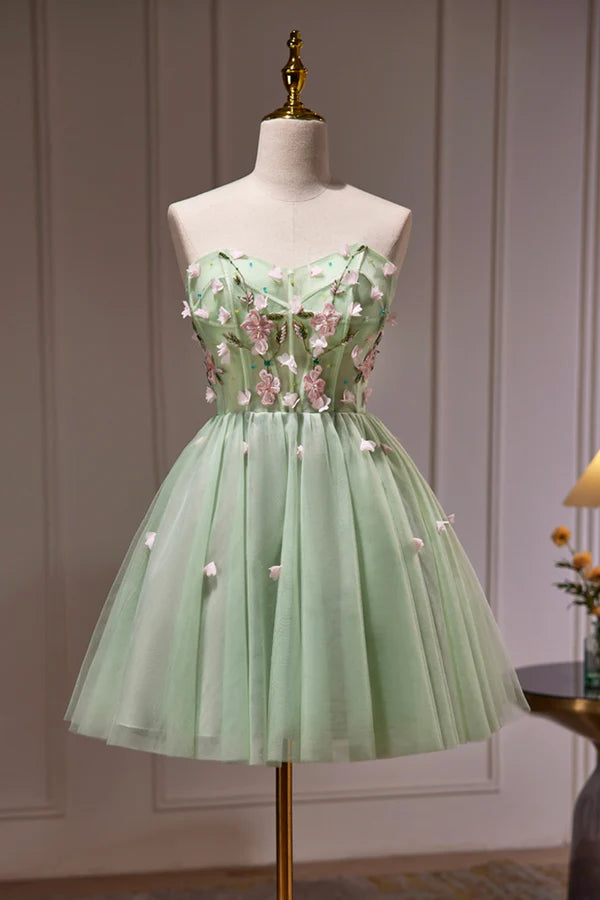 Wholesale Green Strapless Tulle Short Prom Dress with Lace Green Party Dress