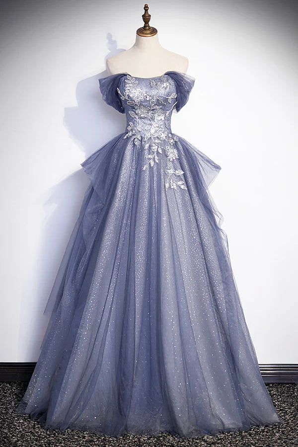 Wholesale Dusty Blue Off the Shoulder Lace Long Prom Dress A-Line Shiny Tulle Evening Dress