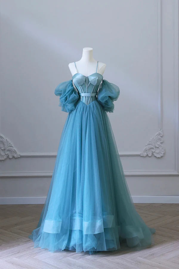 Wholesale Blue Tulle Long Spaghetti Strap Prom Dress and Corset Detachable off Shoulder Party Dress