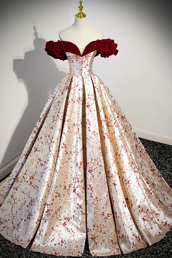 Wholesale Off the Shoulder Floral Satin Long Prom Dress Cute A-Line Evening Dress with Velvet