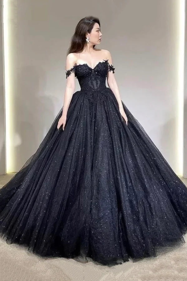 Wholesale Black Off the Shoulder Tulle Lace Princess Dress Shiny Tulle Floor Length Evening Party Dress