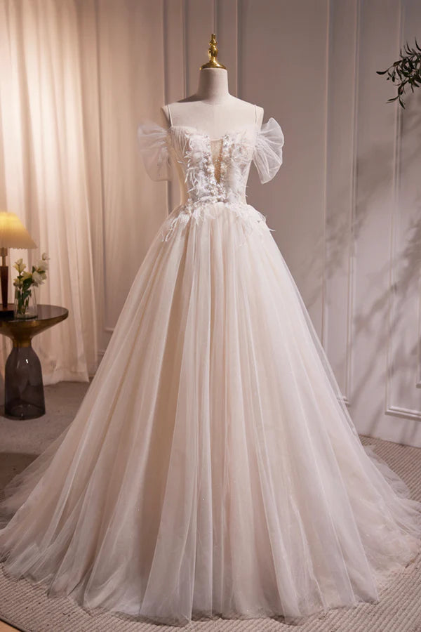 Wholesale Ivory Floor Length Beaded Straps Prom Dress Ivory Tulle Evening Dress
