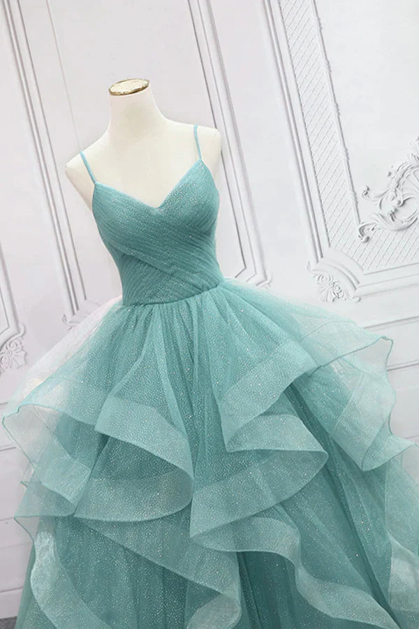 Wholesale Green Spaghetti Strap Long Prom Dress Green V-Neck Tulle Evening Dress