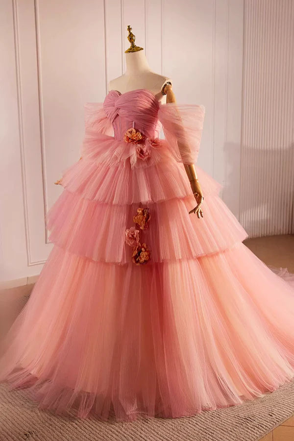 Wholesale Pink Off the Shoulder Long A-Line Ball Gown Beautiful Tulle Layers Sweet 16 Dress