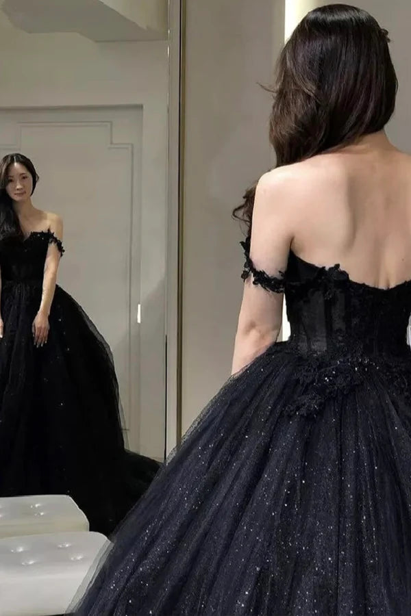 Wholesale Black Off the Shoulder Tulle Lace Princess Dress Shiny Tulle Floor Length Evening Party Dress