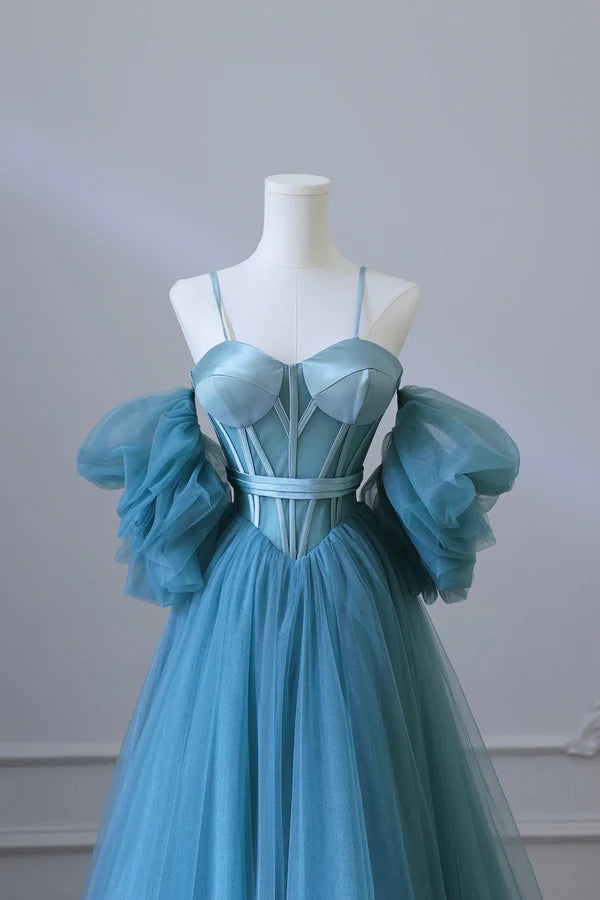 Wholesale Blue Tulle Long Spaghetti Strap Prom Dress and Corset Detachable off Shoulder Party Dress