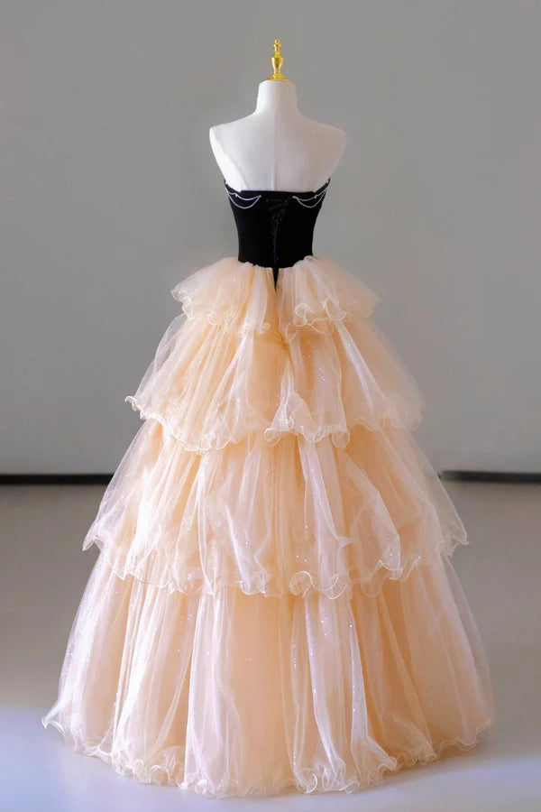 Wholesale Champagne Sweetheart Tulle Layers Long Party Dress Strapless A-Line Prom Dress