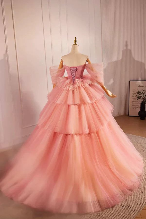 Wholesale Pink Off the Shoulder Long A-Line Ball Gown Beautiful Tulle Layers Sweet 16 Dress