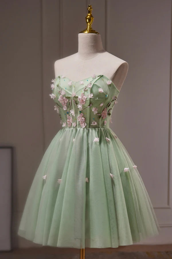 Wholesale Green Strapless Tulle Short Prom Dress with Lace Green Party Dress