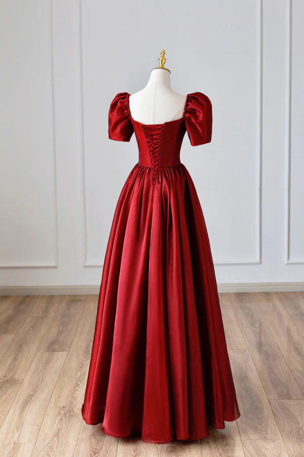 Wholesale Burgundy Satin Long Prom Dress Simple A-Line Short Sleeve Evening Dress