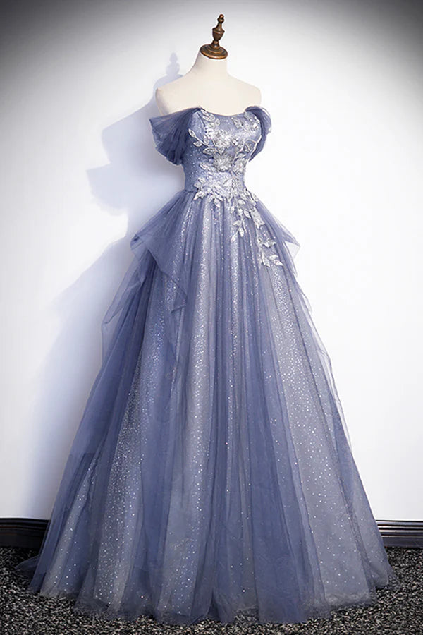 Wholesale Dusty Blue Off the Shoulder Lace Long Prom Dress A-Line Shiny Tulle Evening Dress