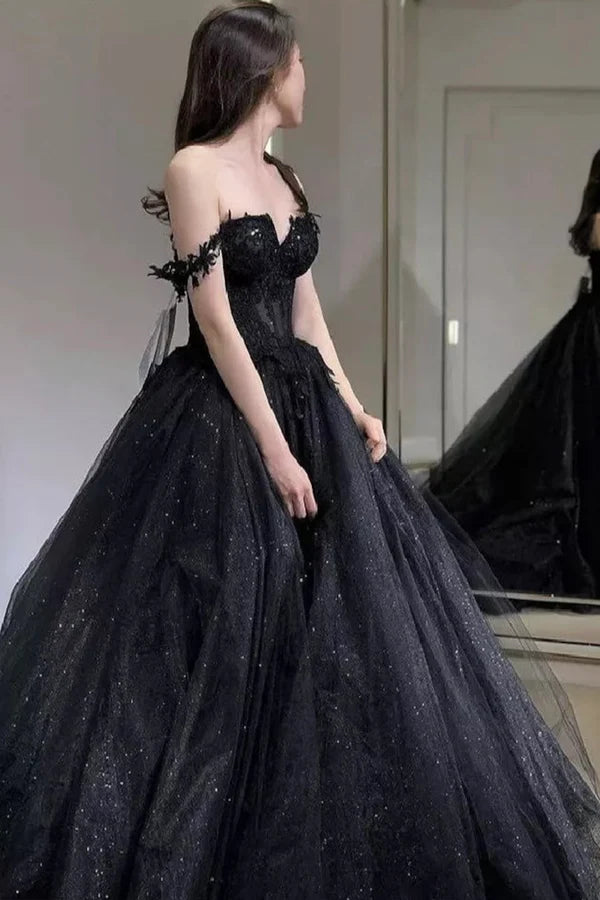 Wholesale Black Off the Shoulder Tulle Lace Princess Dress Shiny Tulle Floor Length Evening Party Dress