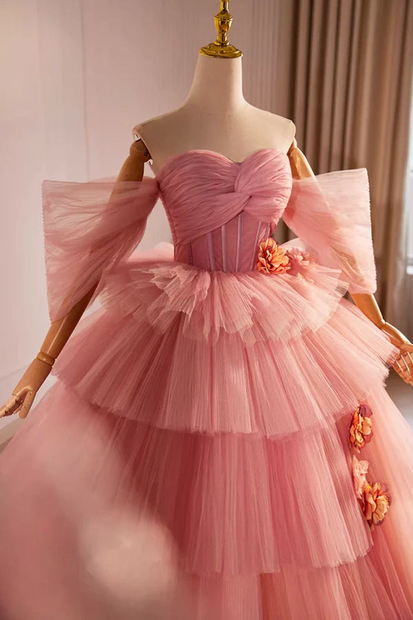 Wholesale Pink Off the Shoulder Long A-Line Ball Gown Beautiful Tulle Layers Sweet 16 Dress