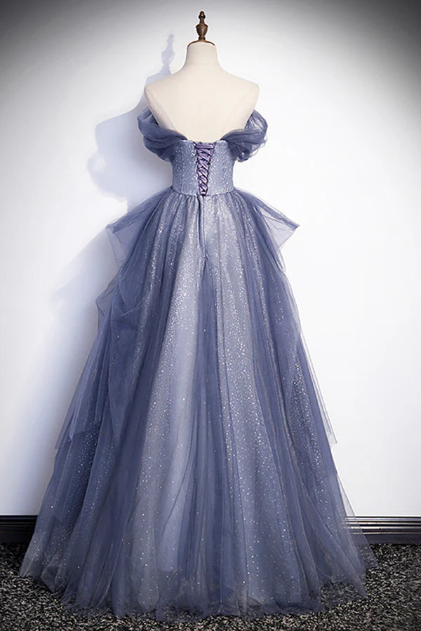 Wholesale Dusty Blue Off the Shoulder Lace Long Prom Dress A-Line Shiny Tulle Evening Dress