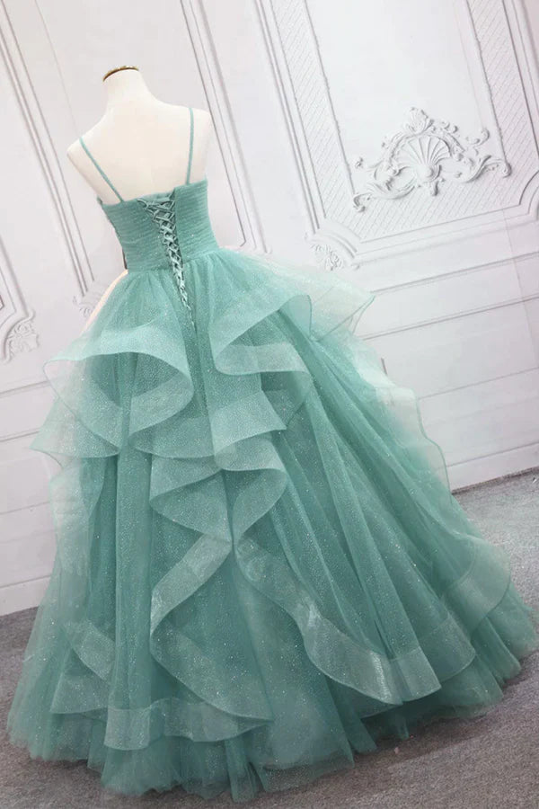 Wholesale Green Spaghetti Strap Long Prom Dress Green V-Neck Tulle Evening Dress