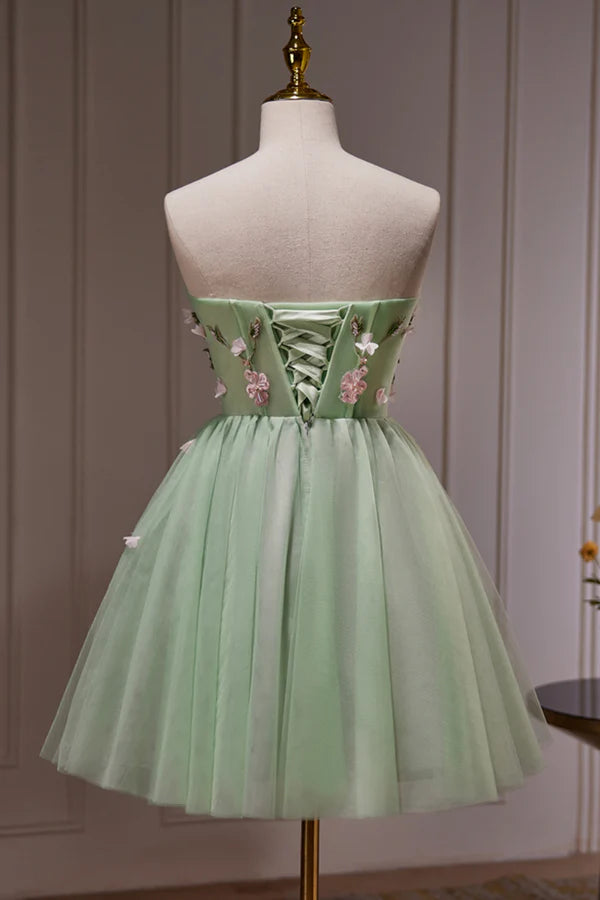 Wholesale Green Strapless Tulle Short Prom Dress with Lace Green Party Dress