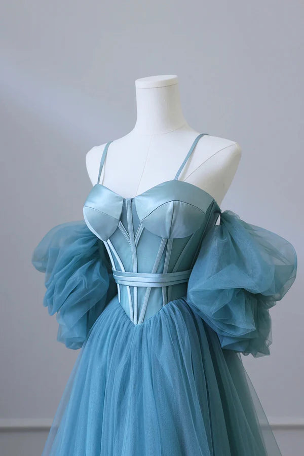 Wholesale Blue Tulle Long Spaghetti Strap Prom Dress and Corset Detachable off Shoulder Party Dress