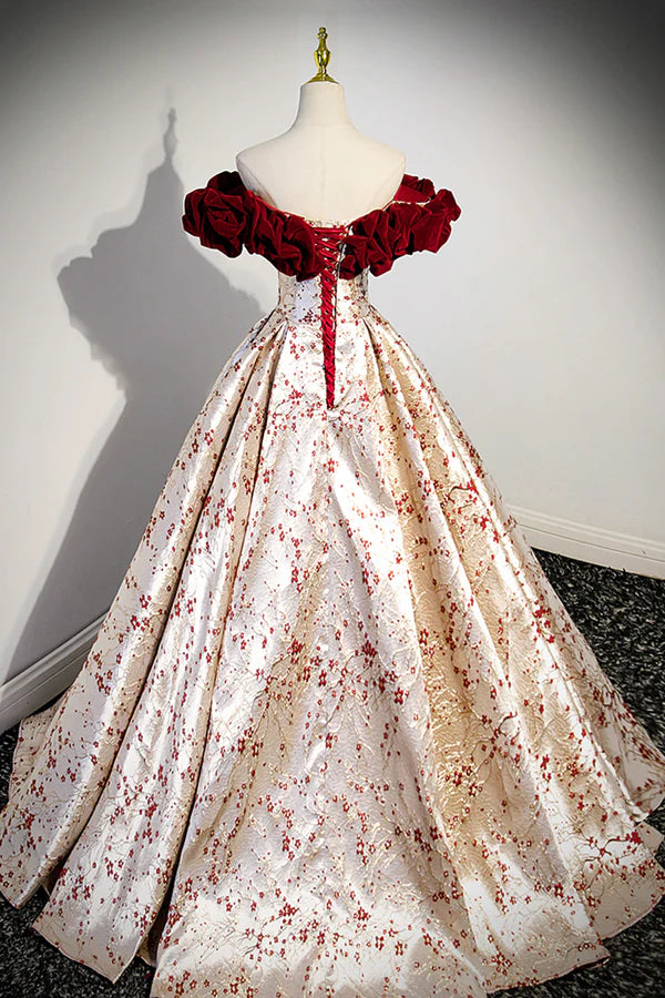Wholesale Off the Shoulder Floral Satin Long Prom Dress Cute A-Line Evening Dress with Velvet